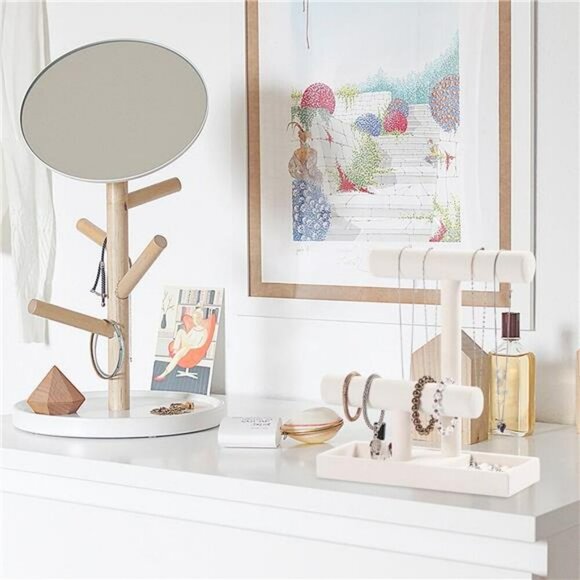 Velvet Jewelry Organizer Stand Bracelet Necklace Holder with Ring Tray Beige - Picture 2 of 8